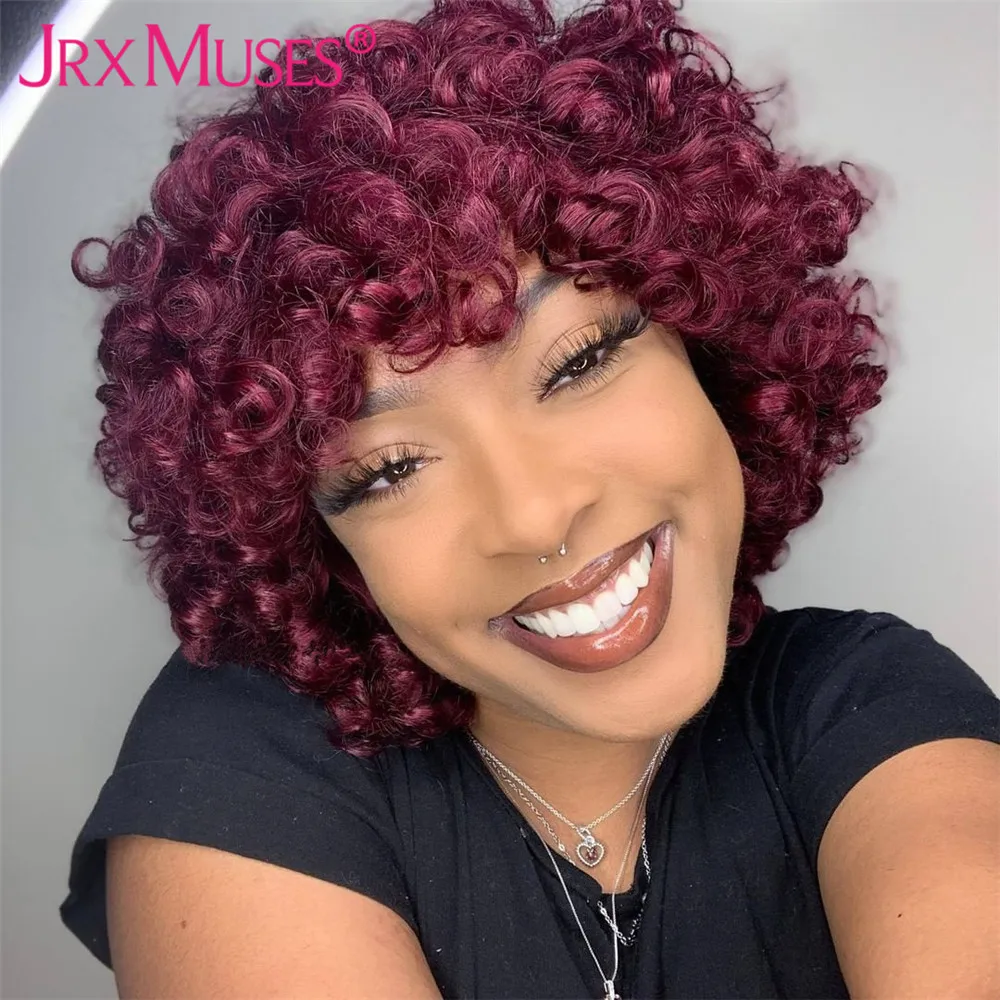 99J Burgundy Short Curly Human Hair Wigs for Women Brazilian Remy Loose Curly Bob Highglight Blonde Colored Wigs with Bangs