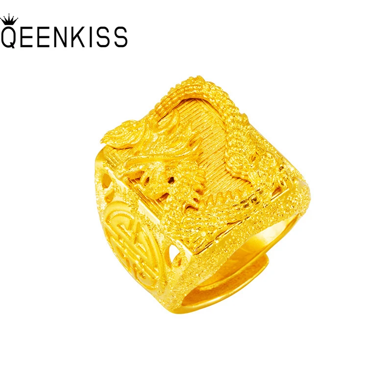 

QEENKISS RG589 Fine Jewelry Wholesale Fashion Hot Man Boys Father Birthday Wedding Gift Vintage Dragon 24KT Gold Resizable Ring