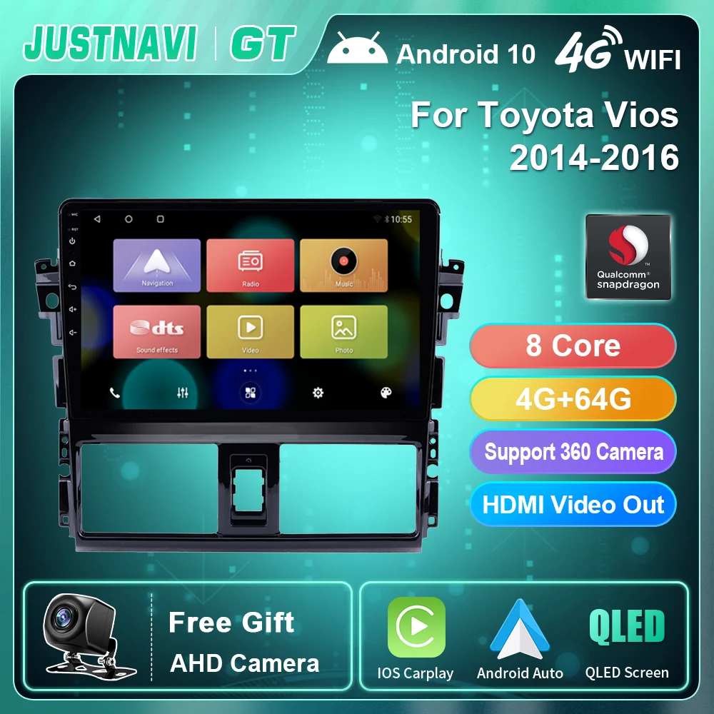 

Автомагнитола для Toyota Vios 2014-2016, 4 + 64 ГБ, GPS, 1280*720P, Android 10,0