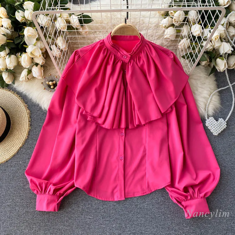 Women's Stand Neck Lantern Sleeve Pleated Loose Blouse Female All-Matching Top Solid Color Ruffles Shirts Ladies Blusas