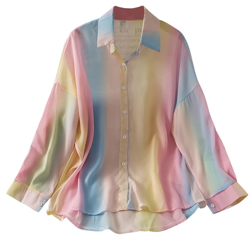 

Vintage Mid-length chiffon shirt sweet rainbow-colored button-down shirt tops women summer gentle sunscreen shirt fashion 2021
