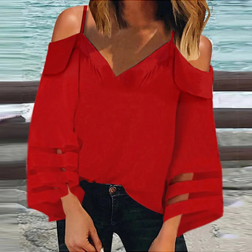 Feitong Sexy Blouse Women Off Shoulder Top Mesh Panel Blouse 3/4 Bell Sleeve Loose Streetwear Top Shirt Women Clothes
