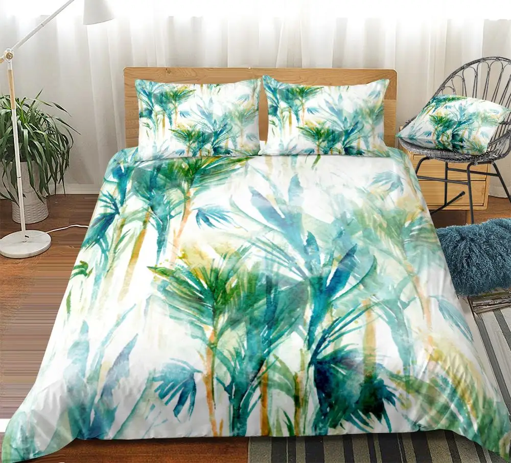 

Trees Bedding Set Duvet Cover Set Palm Trees Home Textiles Tropic Plants Bedclothes Water Color Bed Linen Green White Bed Set