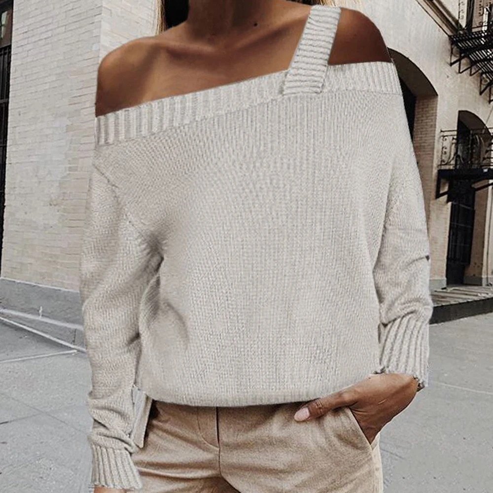 Women Sexy Off Shoulder Knitted Straps Sweater Winter Autumn Long Sleeve Sweaters And Pullovers Ladies Solid Color Tops | Женская одежда