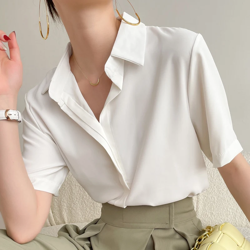 

Женская блузка с коротким рукавом, повседневная однотонная белая офисная рубашка свободного покроя, лето 2021