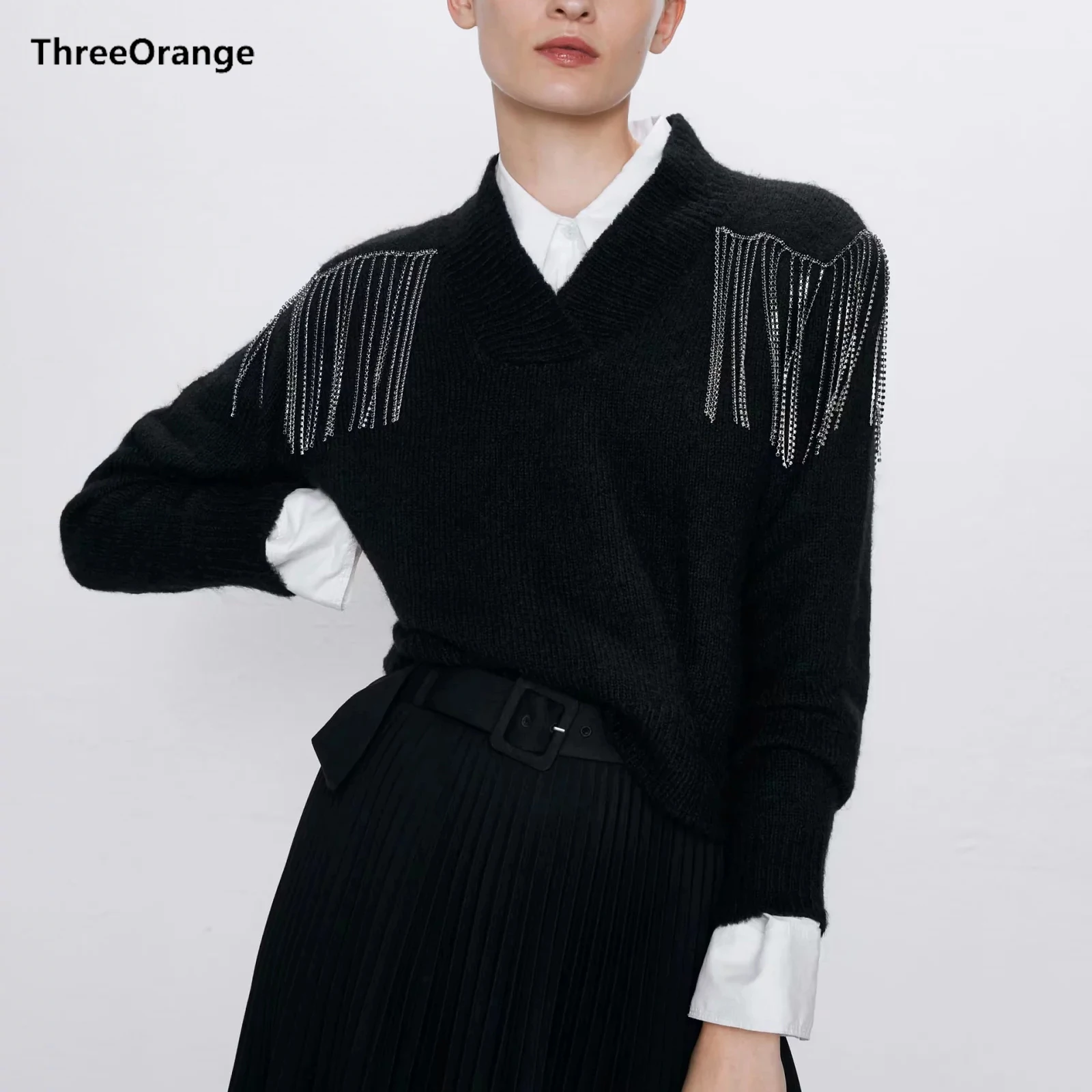 ZA autumn winter women black knitted Metal beaded sweater solid Casual thick pullover female tops woman clothes | Женская одежда