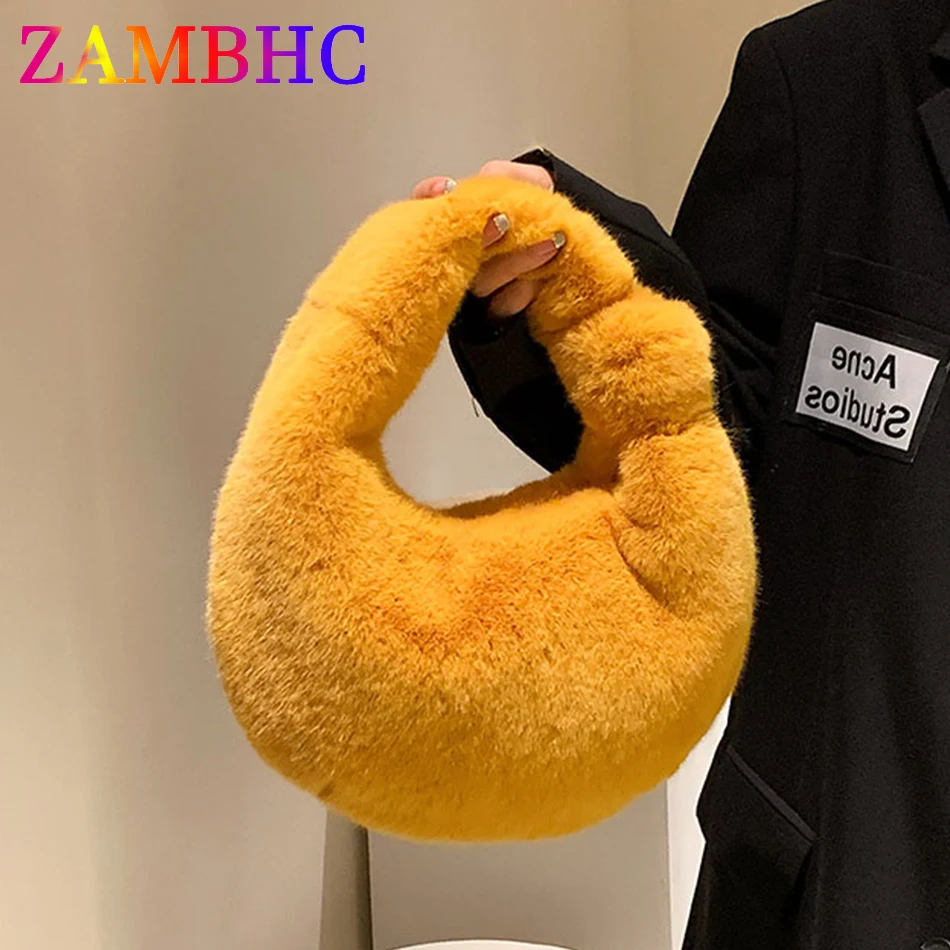 Меховая женская маленькая сумка с полумесяцем Роскошные теплые плюшевые сумочки