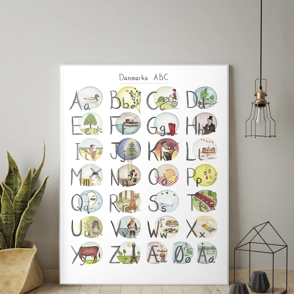ABC Дании плакат с алфавитом в датском скандинавском ботаническом холсте Живопись