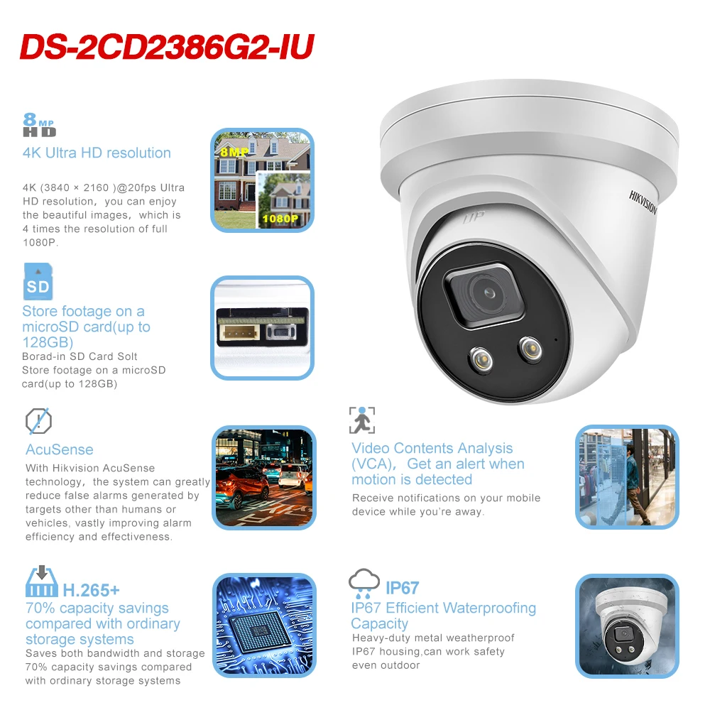hikvision 4k acusense turret poe 8mp ip camera ds 2cd2386g2 iu human vehicle classification built in mic sd card slot h265 ip67 free global shipping
