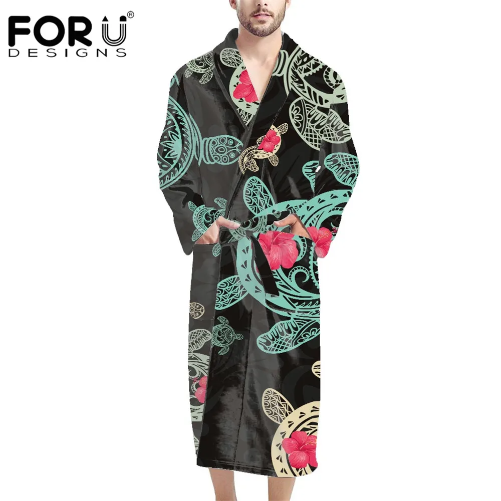 

FORUDESIGNS Polynesian Style Sea Turtle Mens Cotton Terry Cloth Bathrobe Shawl Collar Spa Robe Oversized Retro Long Kimono