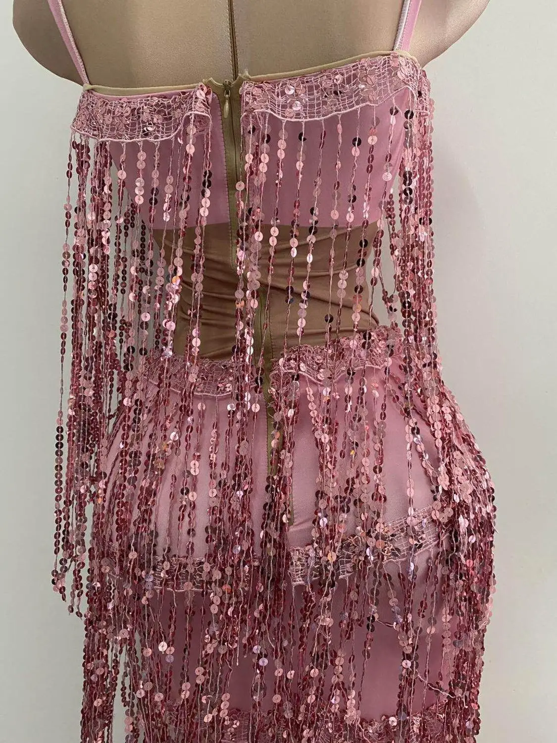 

Pink Sequins Fringe Long Party Dresses for Women Stage Wear Dancer Showgirl Off Shoulder Outfit Bar Birthday Celebrate Dress