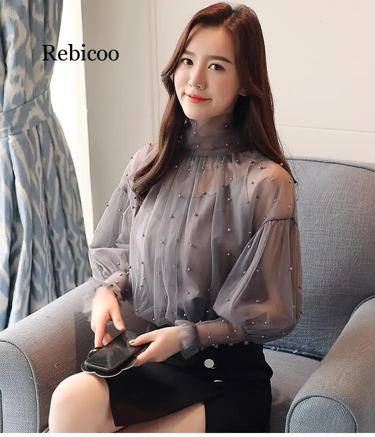 

New Fashion autumn Women's Sweet Beads Bubble Sleeve Pearls Button Gauze Ladies Elegant Mesh Shirt Blusas Tops
