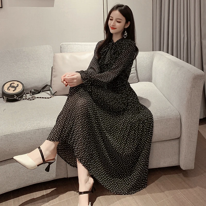 Женское шифоновое платье с длинным рукавом винтажное свободное плиссированное