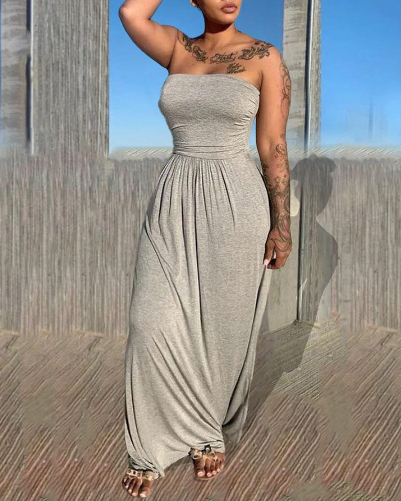 

2021 Summer Women Sexy Off Shoulder Plain Ruched Backless Casual Asymmetric Maxi Dress Ladies Loungwear Long Dresses Plus Size