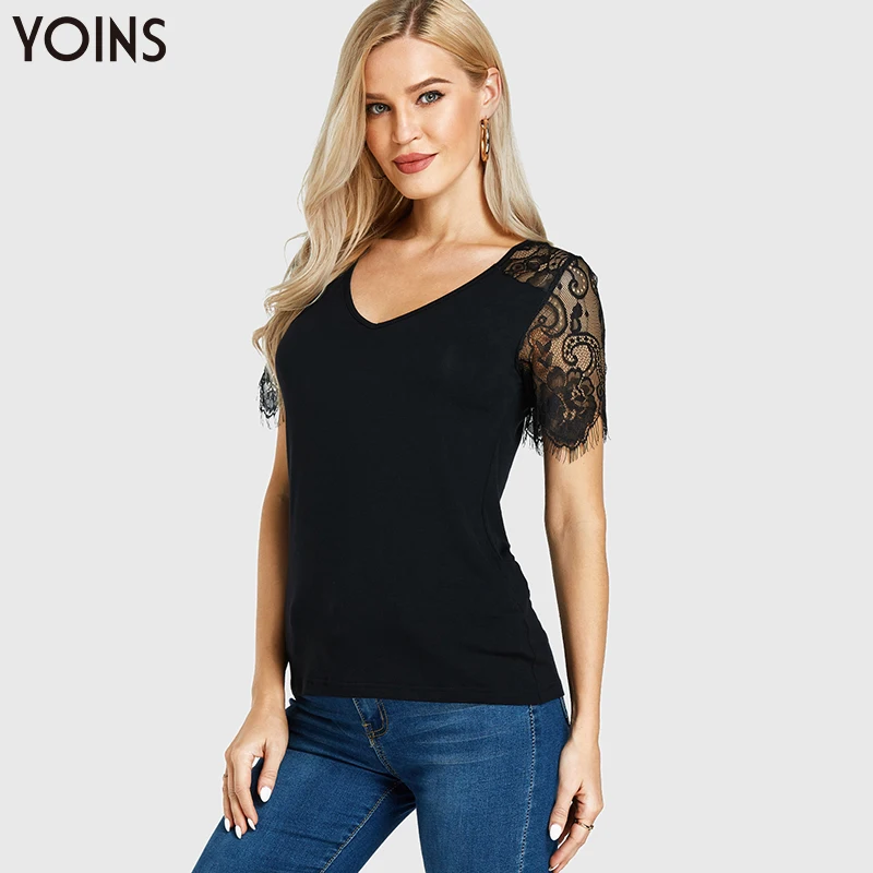 Женская блузка YOINS 2020 сексуальная с v-образным вырезом вязанная крючком кружевная