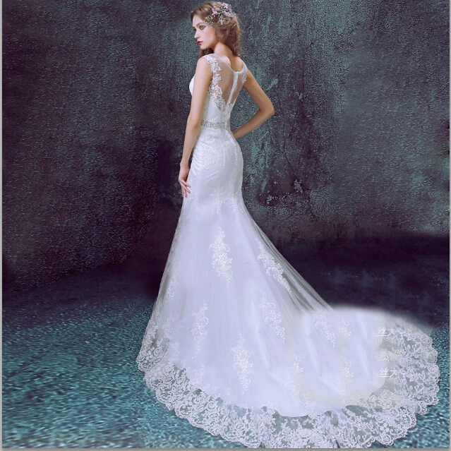 

Elegant luxury lace backless mermaid wedding dress 2015 deep V-neck white decals bride dress plus size belt.2329.ty,hd