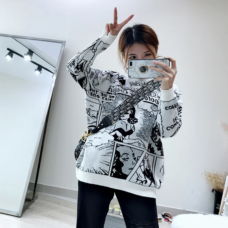 Woherb винтажный пуловер свитер Женский вязаный Топ с мультяшным принтом букв новая