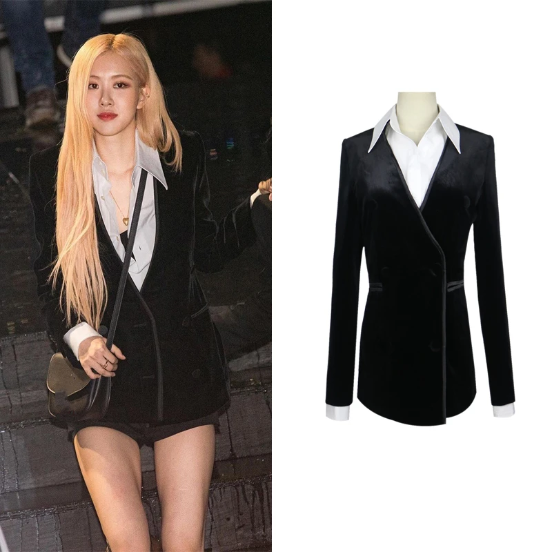 

Kpop ROSE Korean Women Autumn V-Neck Coat Single Breasted Long Sleeve Velvet Blazers Office Lady Fashion Black Slim Suit Jackets