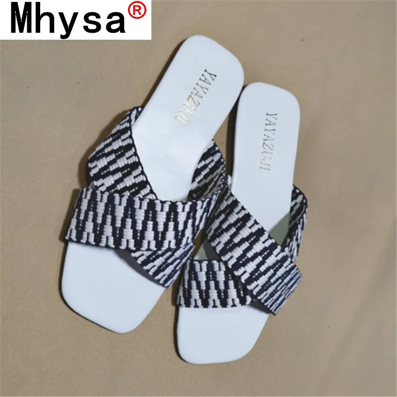 

2021 Summer New Fashion Women's Slippers Cross Vamp Stripe Modification Trend Open-toed Flat Bottom All-match Women's Slippers