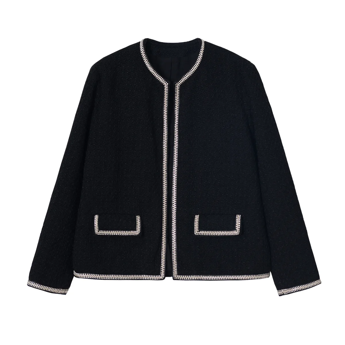 

2021 Spring and Autumn New Style Sweet Breeze Socialite Take Commuting Black Trim Trim Solid Color Short Money Coat Female T176