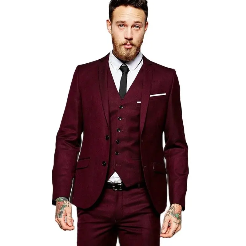

Customize Burgundy Men's Toast Suits Evening Dress Slim Fits Groom Tuxedos Prom Party Clothes (Jacket+Pants+Vest+Tie) W:137