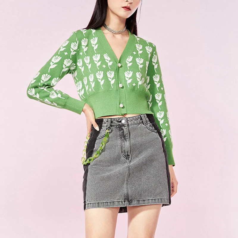 

2021 New Autumn Cardigan Women Floral Pattern Knitted Cardigan V-neck Long Sleeve Crop Tops Fashion Printed Spring Green Black