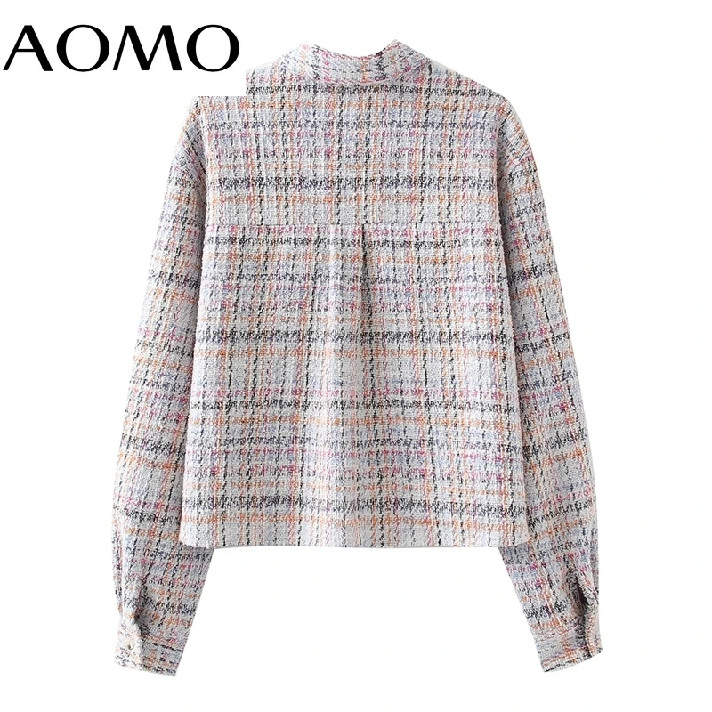

AOMO Women Tweed Crop Coats Jacket Long Sleeves Pocket 2021 Ladies Elegant Coat QW25A