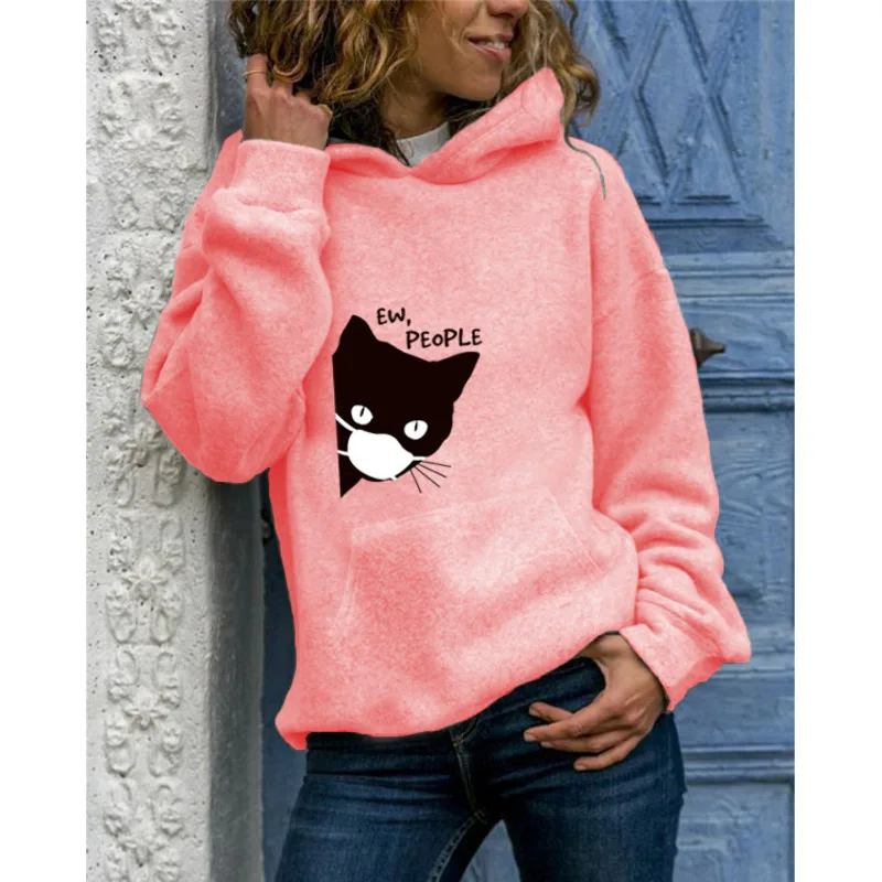 

Fashion Women 2021 New Women's Long Sleeve Animal Cat Family Print Hooded Sweater Sweatshirts Casual Loose Sweatshirt Hot