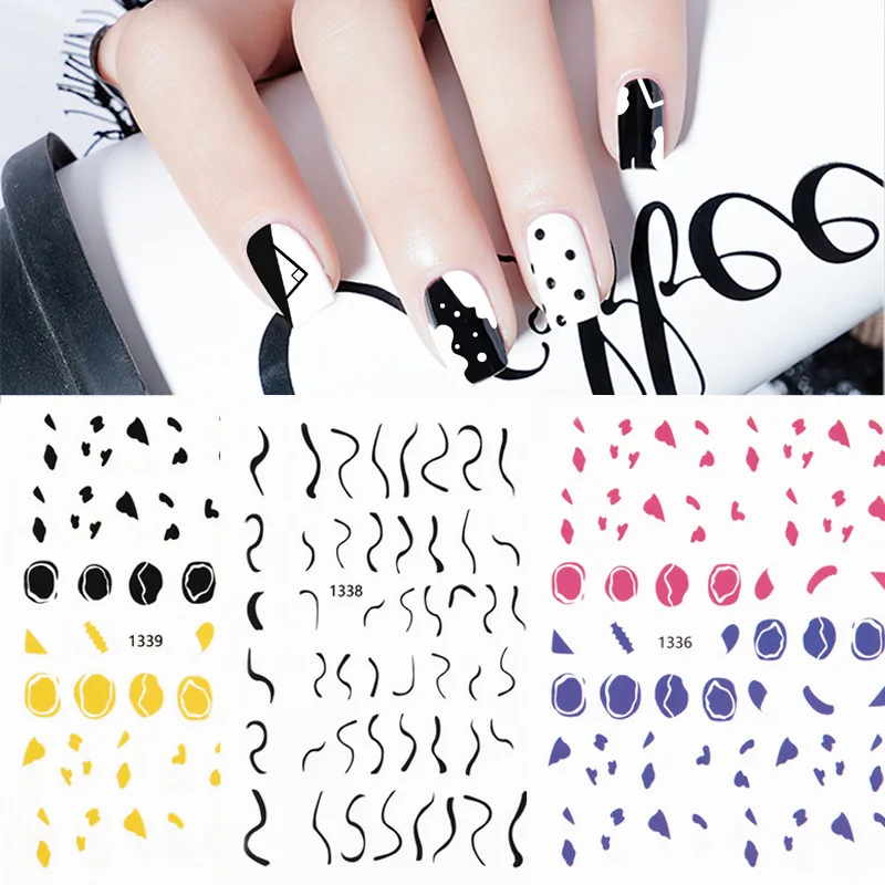 

10Sheet 3D Nail Stickers Geometric Irregular Colorful Blue Waves Lines Block Self Adhesive Sliders Heart Nail Decals DIY Wraps
