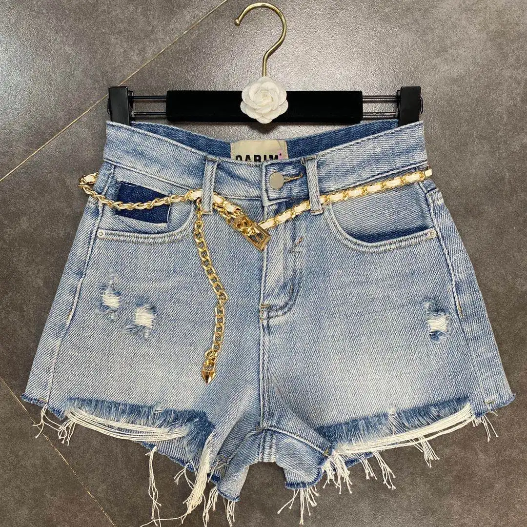 

ZCSMLL 2021 summer chain belt with holes and raw edges Korean fashion shorts women thin ins denim shorts are super soft