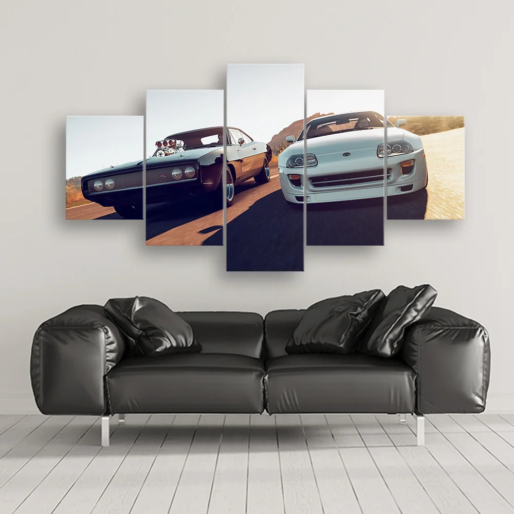 

5 Pieces Wall Arts Canvas HD Movie Fast Furious Sports Car Racing Poster Painting For Living Room Picture Prints Home Decorative