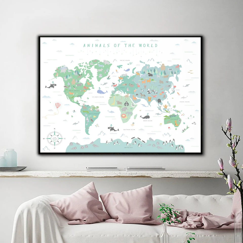 Настенная карта мира с изображением лесных животных|Рисование и каллиграфия| |
