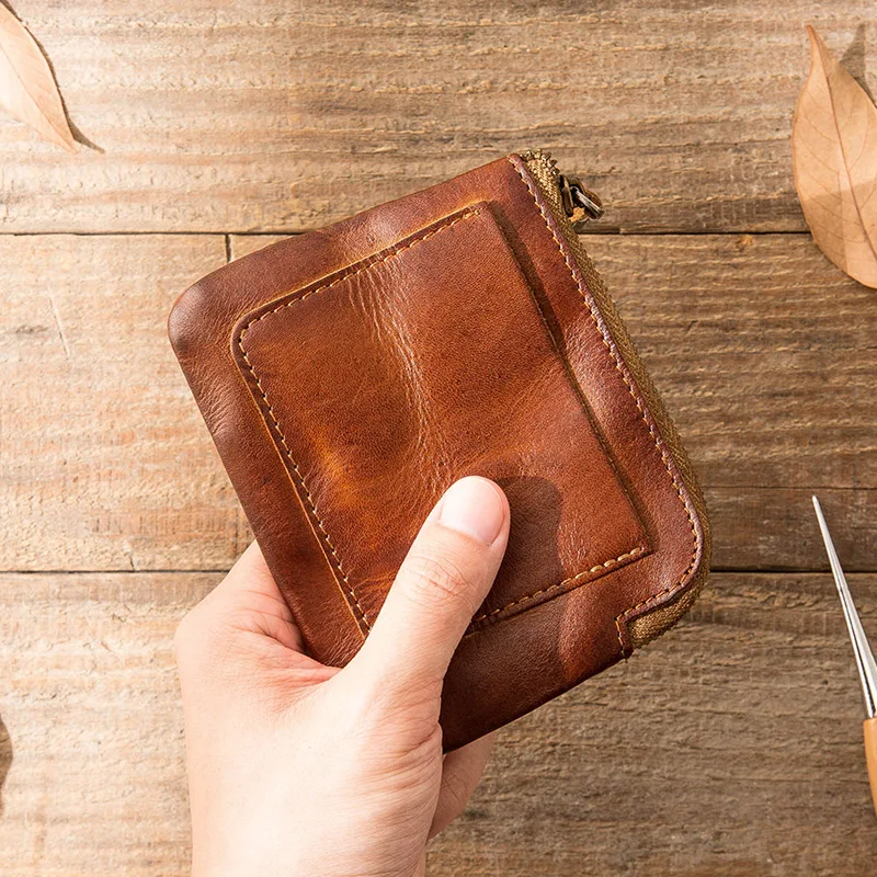 

Vintage planted leather handmade card holder, men's mini leather coin purse, first layer of leather ultra-thin card holder