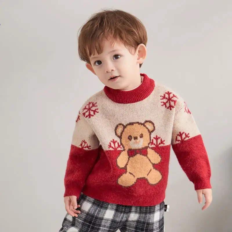 

Cekcya Winter Kids Sweater Boy Girl Pullover Long Sleeve Knitwear Children Christmas Red Bear Knit Tops Toddler New Year Clothes