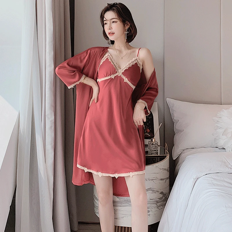 

Two Sets Of Female Take Bosom Pad Summer Pajamas Sexy Ice Silk Sleep Skirt Condole Belt Lace Lovely Spring Autumn Nightgown