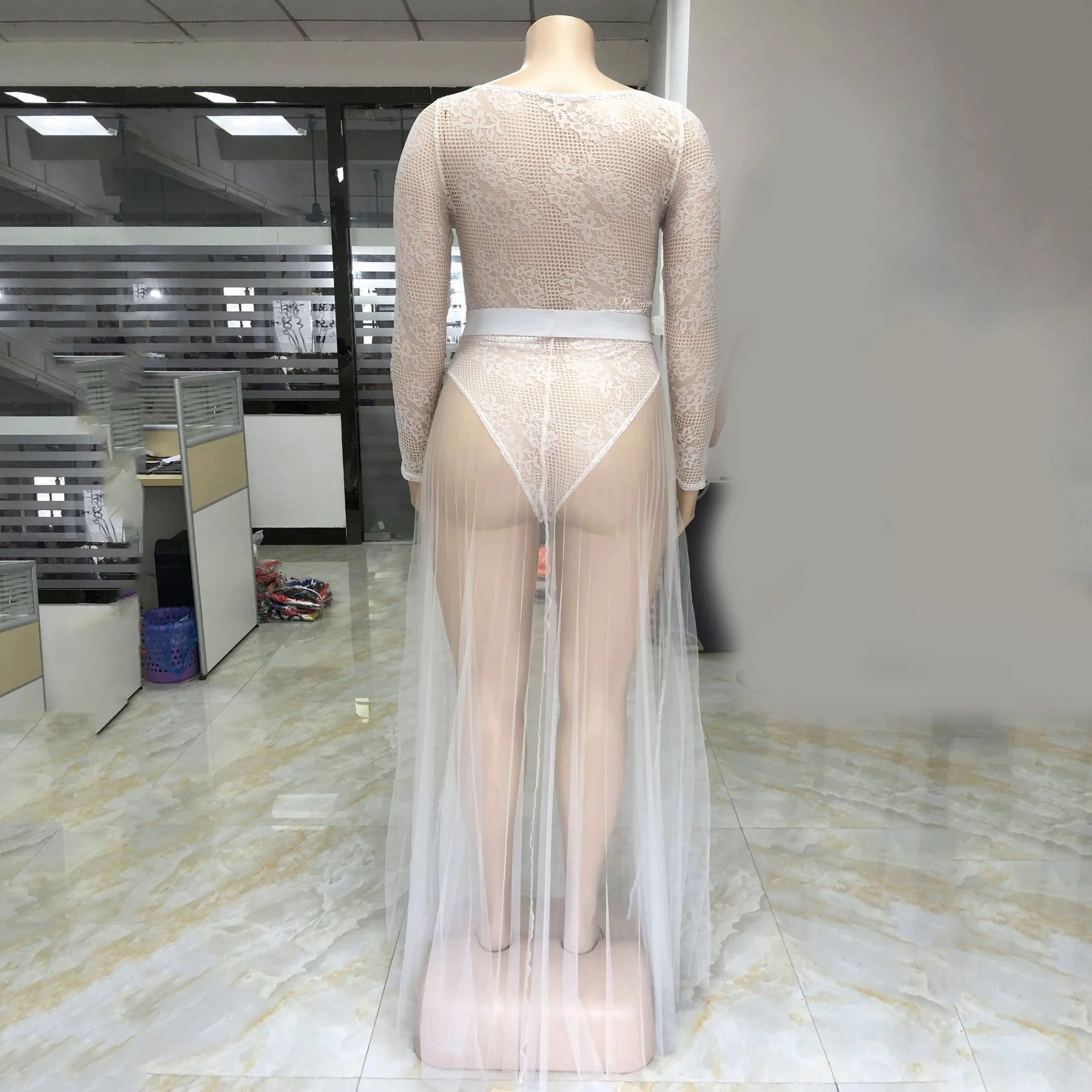 

Sexy Dress Two Pieces Sets See Through Transparent Whit Black Long Sleeve Deep V Neck For Evening Night Club Cloth Dresses Long