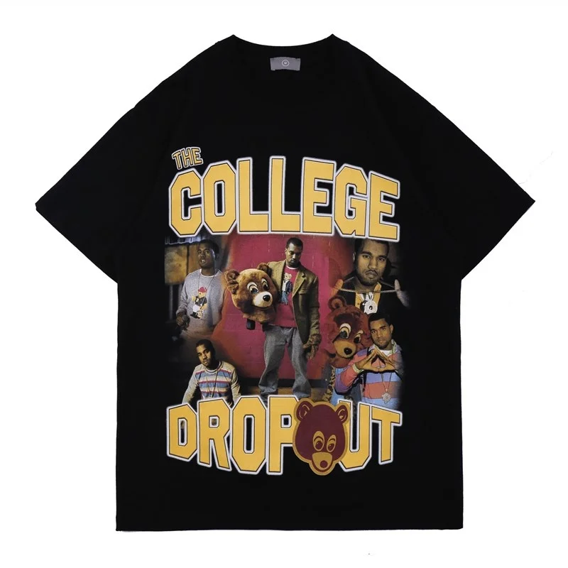 

2021SS Kanye West T shirt College Dropout Music Album Tee Men Women High Quality Pattern Print Washed Tops Hip Hop Short Sleeve