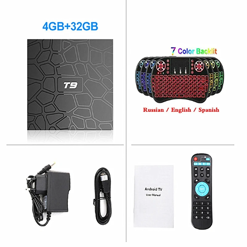 4GB32GB Add I8 Android 9,0 T9 tv Box 4 ГБ 32 ГБ/64 ГБ Smart tv Rockchip RK3318 1080P H.265 4K 2,4G/5 ГГц двойной wifi BT 4,0 медиаплеер телеприставка - Цвет: 4GB32GB Add I8