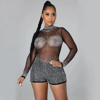 adogirl see through diamonds long sleeve stretchy night club outfits playsuits women sexy y2k biker shorts bodycon rompers