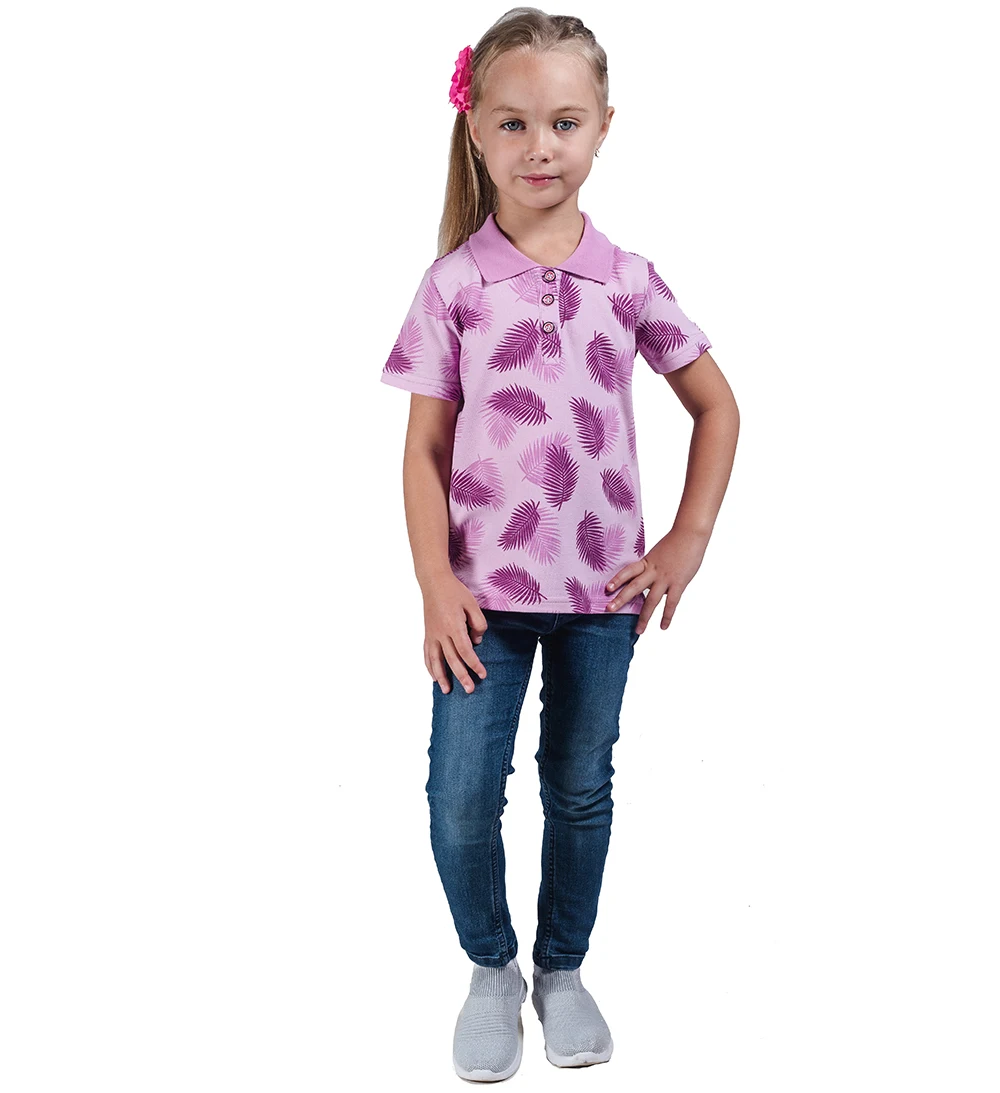 Футболка поло д/девочки Листья фиолетовый Пике 190 гр./кв.м. набивной|Тройники| |