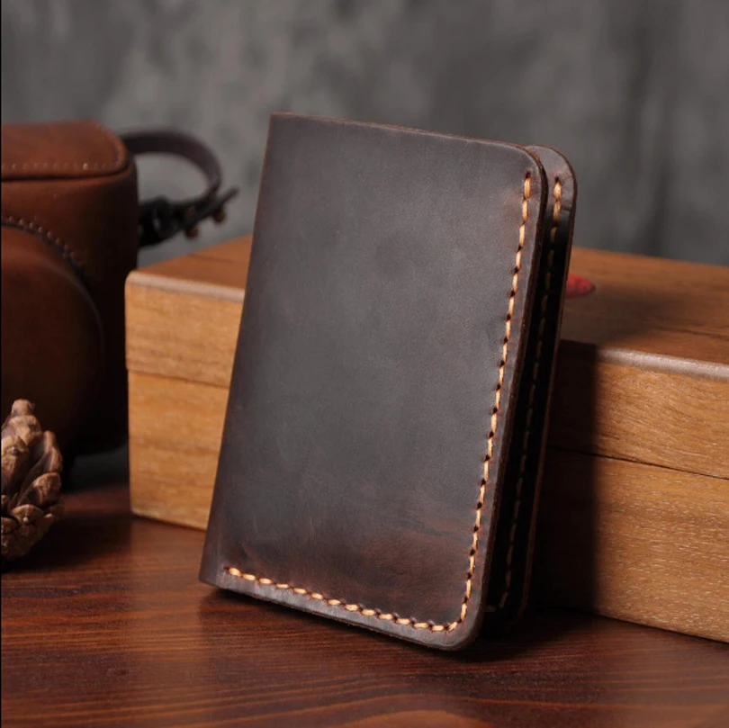 

Handmade Vintage Crazy horse Genuine Leather Men Wallet Men Purse Leather Short Card Wallet for Male Money Clips Money bag