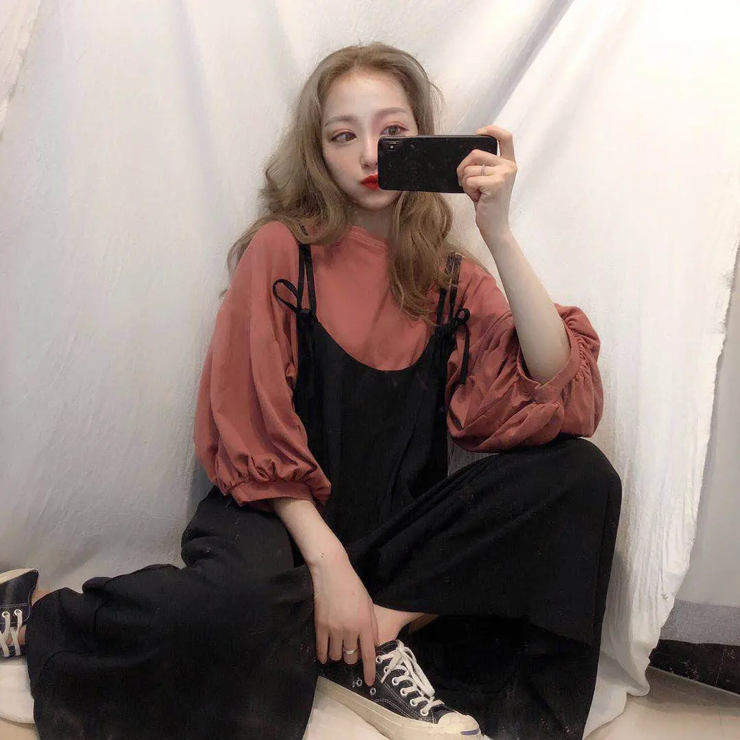 

Suit 3 / 4 sleeve T-shirt solid color base shirt + suspender casual loose wide leg pants 2-piece set