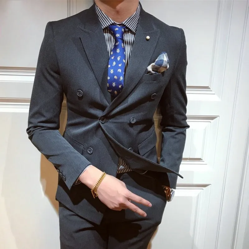 

Men Office Smart Casual Blazer&Pants Two Piece Suit Business Fashion Slim Fit Men Double Breasted Jacket Wedding Groom Suits Set
