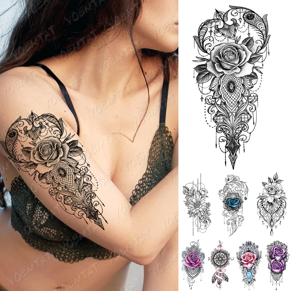 

Waterproof Temporary Tattoo Sticker Lace Gem Rose Flash Tattoos Diamond Line Flowers Body Art Arm Fake Sleeve Tatoo Women Men