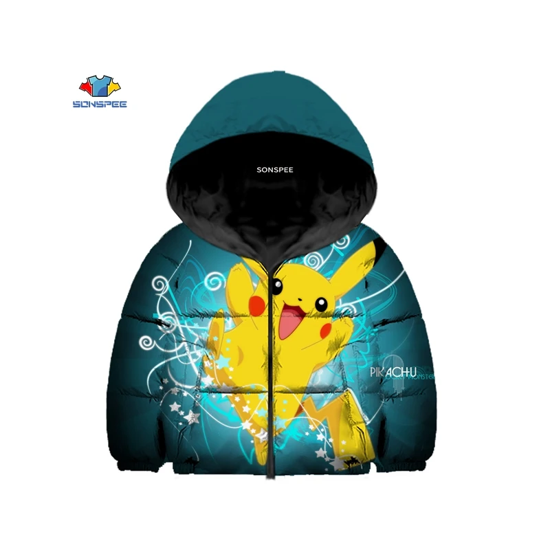 Детский пуховик с 3D принтом детектива Пикачу зимняя хлопковая куртка капюшоном
