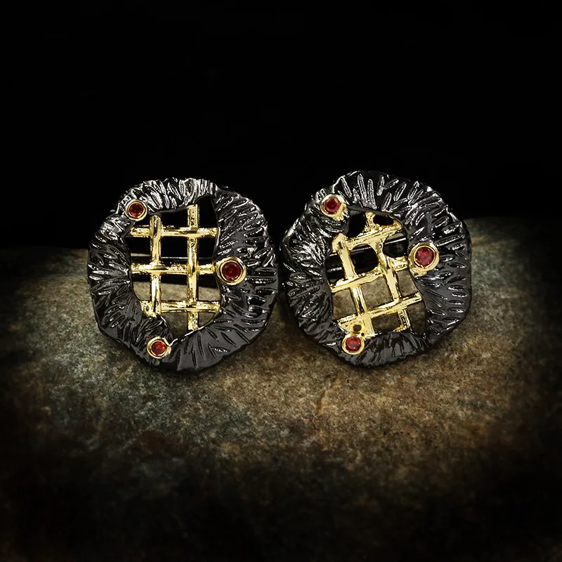 

Ajojewel Duotone Cross Earrings Stud For Women Vintage Black Golden Earings Fashion Jewelry With Red CZ High Quality Gift