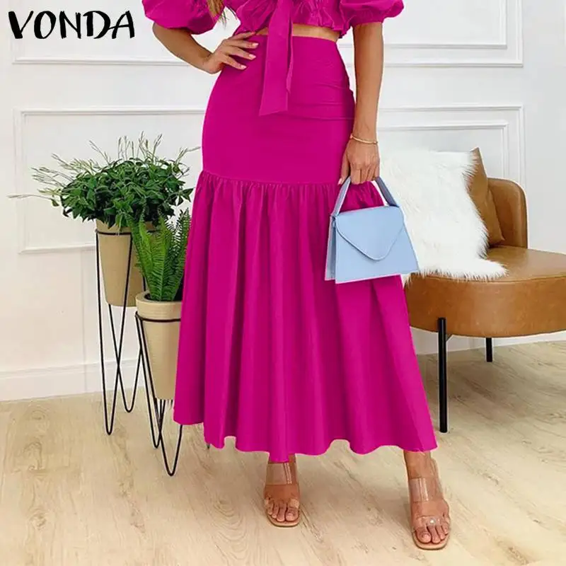 

Women Skirt 2021 VONDA Vintage Solid Color Pleated Ruffled Hem Skirt Office Femme High Waist Zipper Long Maxi Skirts Femininas