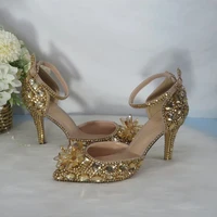 bride crystal flower wedding shoe champagne golden rhinestone high heels ankle strap shoes bridesmaid party dress shoe thin heel