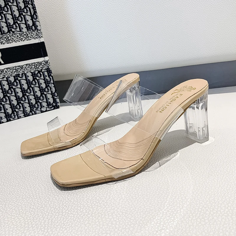 

New Summer Slippers Women Shoes Woman Mules Clear Transparent Crystal Casual Shoes Thick High Heels Sexy Ladies Shoes Slides