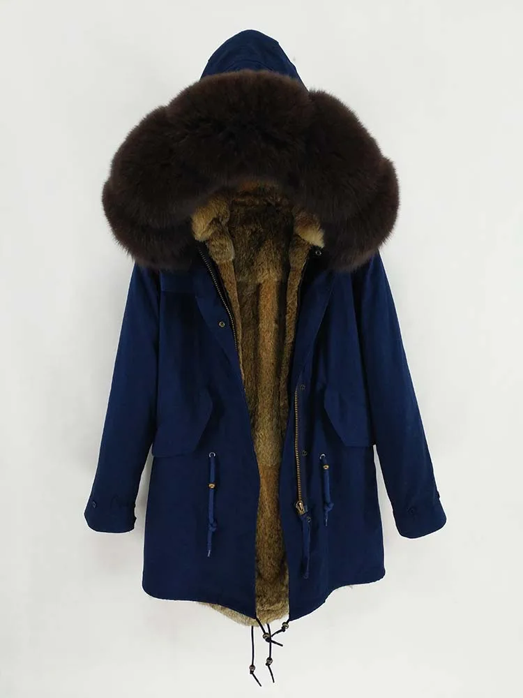 navy blue long 2 Мужской зимний жакет Длинная парка натуральный мех Пальто Подклад мех кролика рекс Воротник мех енота Топ бренд Теплый - Цвет: navy blue long 2
